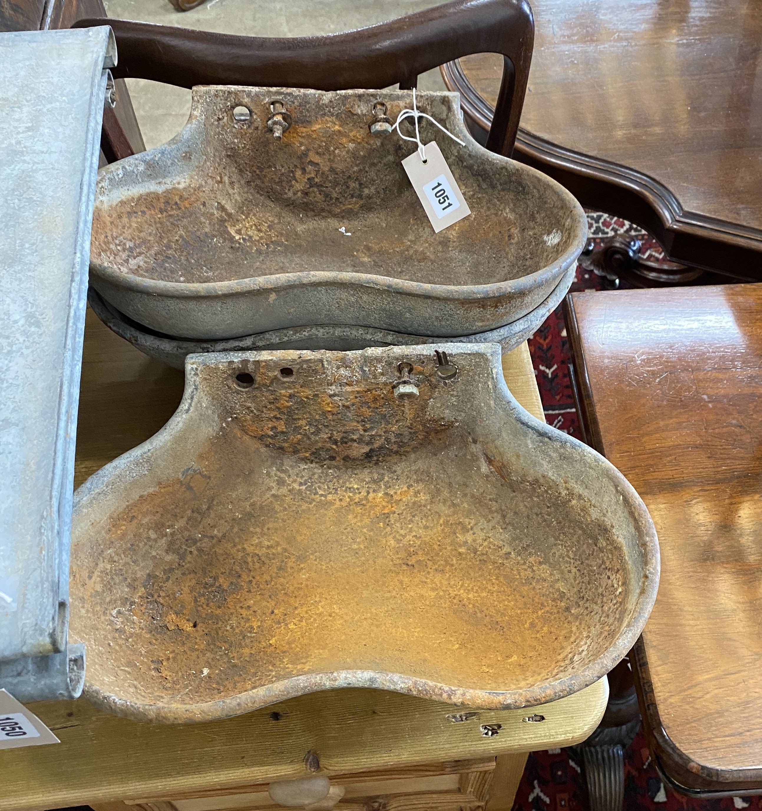 A set of three vintage galvanised wall mounted water troughs, width 39cm, depth 26cm, height 12cm